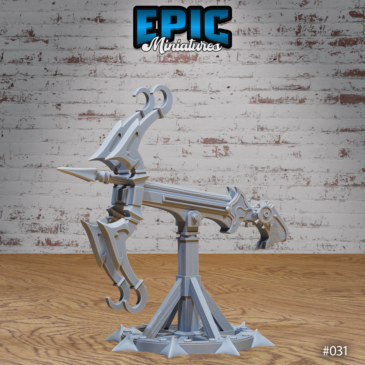 Dark Ballista sculpt showing an ornate crossbow-style war machine on a spiked rotating pedestal base, with curved claw-like limbs flanking a loaded bolt track and hooked bladed appendages below. Sculpt by Epic Miniatures.