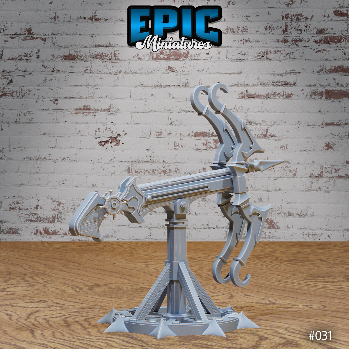 Dark Ballista viewed from the opposite side, revealing the mechanical winding gear and crank mechanism on the right arm, with the curved hook appendages and angular claw arms clearly visible at the front. Sculpt by Epic Miniatures.
