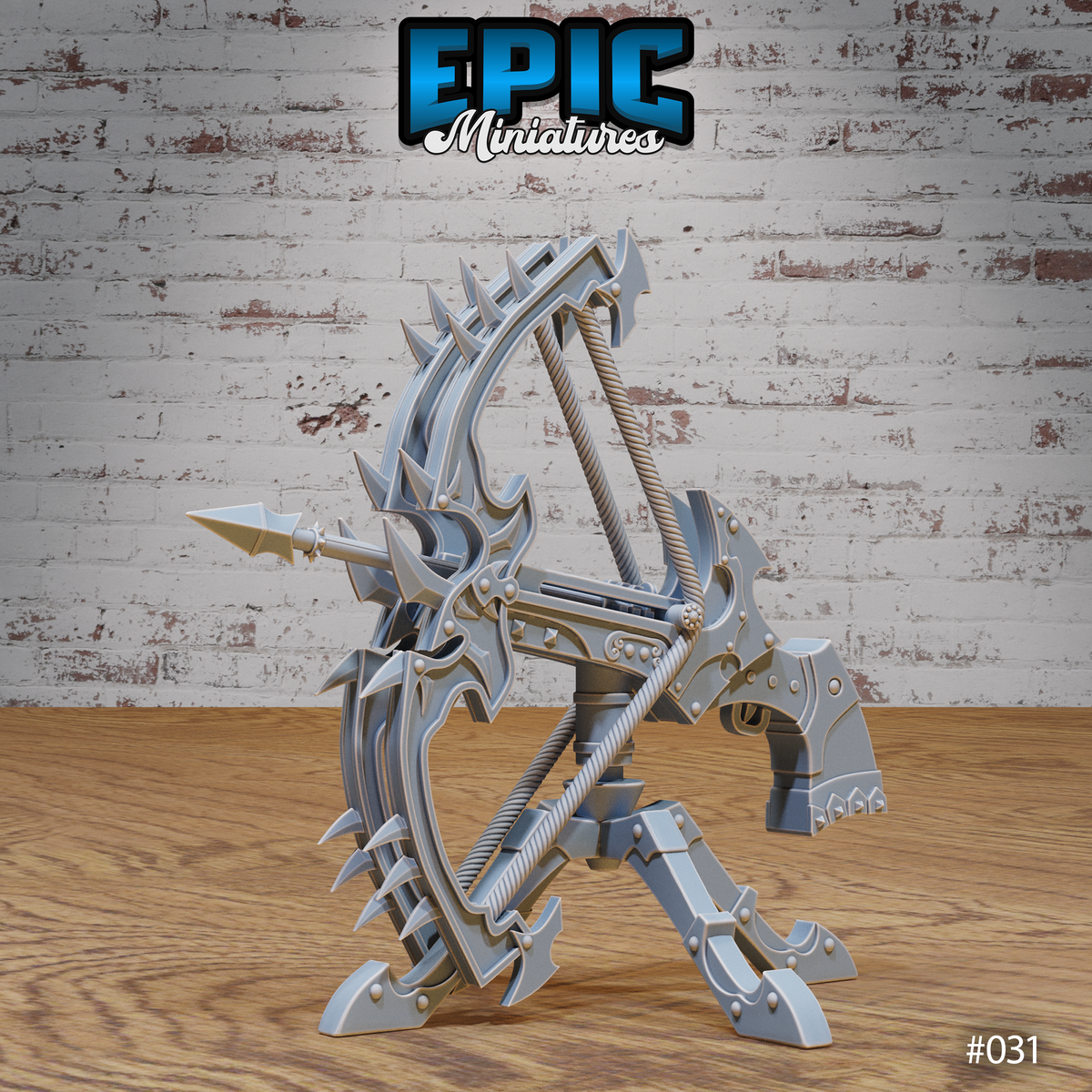 Dark Ballista terrain miniature showing the cranking mechanism detail and crossbow rail from a low angle, highlighting the heavy mechanical ornamentation and the spiked rotating base platform. Sculpt by Epic Miniatures.
