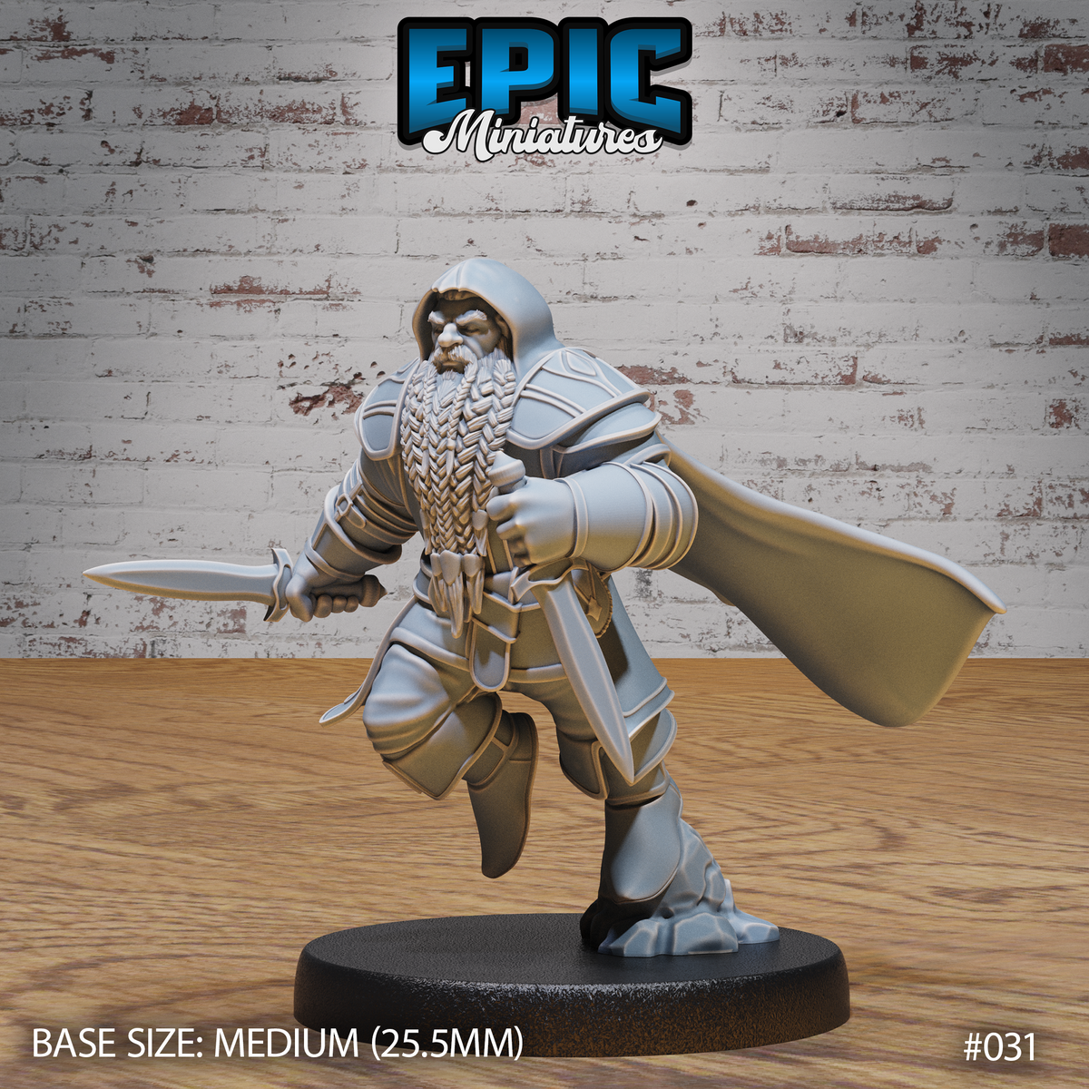 Hooded dwarf rogue striding forward, shortsword extended in right hand, wearing layered armour coat over a braided beard, cape billowing behind. Sculpt by Epic Miniatures.