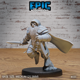 Hooded dwarf rogue striding forward, shortsword extended in right hand, wearing layered armour coat over a braided beard, cape billowing behind. Sculpt by Epic Miniatures.