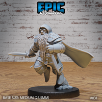 Hooded dwarf rogue striding forward, shortsword extended in right hand, wearing layered armour coat over a braided beard, cape billowing behind. Sculpt by Epic Miniatures.