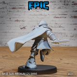 Dwarf rogue seen from behind, shortsword gripped at the side, broad cape sweeping dramatically, armoured coat and belt pouches visible. Sculpt by Epic Miniatures.