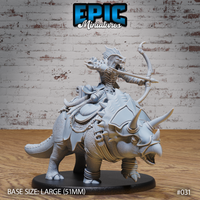 Lizardfolk archer in spiked scale armour, bow drawn, riding an armoured triceratops with plate barding and a detailed battle saddle. Sculpt by Epic Miniatures.