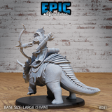 Lizardfolk mounted archer viewed from behind, showing the triceratops's segmented tail armour, saddlebags, and the rider's quiver and shoulder guards. Sculpt by Epic Miniatures.