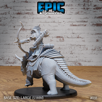 Lizardfolk mounted archer viewed from behind, showing the triceratops's segmented tail armour, saddlebags, and the rider's quiver and shoulder guards. Sculpt by Epic Miniatures.
