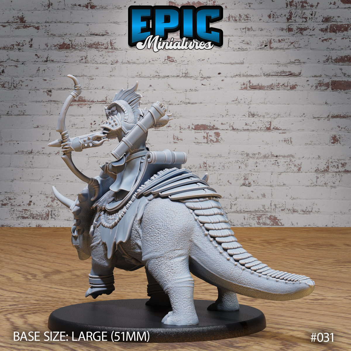 Lizardfolk mounted archer viewed from behind, showing the triceratops's segmented tail armour, saddlebags, and the rider's quiver and shoulder guards. Sculpt by Epic Miniatures.