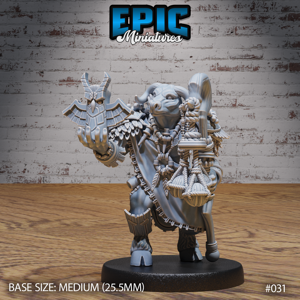 Minotaur druid raising an ornate winged owl totem in one hand, heavily adorned with coiled ropes, feather shawl, hanging fetishes, and carved charms. Sculpt by Epic Miniatures.