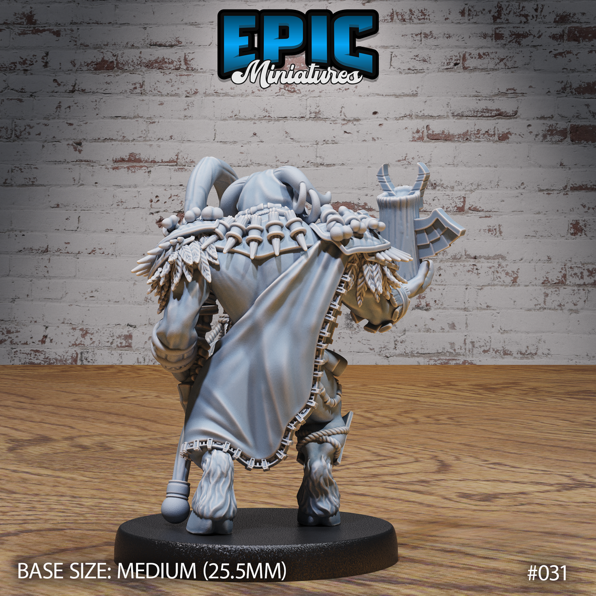 Minotaur druid seen from behind, showing a wide feather-and-carved-rod shawl across the shoulders, dense rope decorations, and a club-tipped staff at his side. Sculpt by Epic Miniatures.