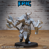 Snarling orc warrior charging forward, wielding an ornate double-headed axe in one hand and a curved hook-edged shield in the other, wearing a horned helm, skull-adorned bracers and belt, bare-chested with a feathered kilt. Sculpt by Epic Miniatures.