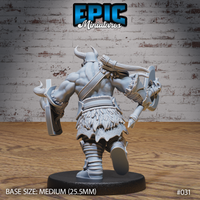 Orc warrior seen from behind, revealing heavily muscled back, horned helm, a feathered kilt, wrapped leg bindings, and crossed back straps, holding the curved shield and double-headed axe mid-stride. Sculpt by Epic Miniatures.