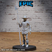 Skeleton miniature in quilted armour and morion helmet, holding a tall halberd upright, with exposed bone hands and knees, standing on a plain round base. Sculpt by Epic Miniatures.