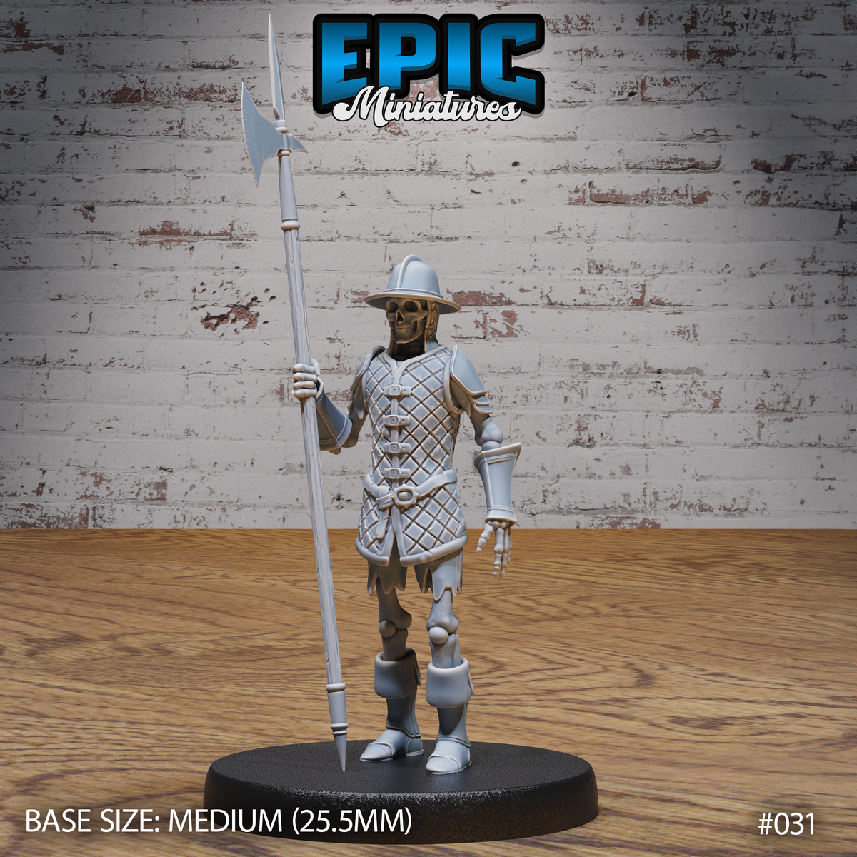 Skeleton miniature in quilted armour and morion helmet, holding a tall halberd upright, with exposed bone hands and knees, standing on a plain round base. Sculpt by Epic Miniatures.