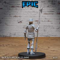 Skeleton miniature seen from behind, showing detailed quilted armour across the back and pauldrons, gripping a halberd, morion helmet visible above bare skull. Sculpt by Epic Miniatures.
