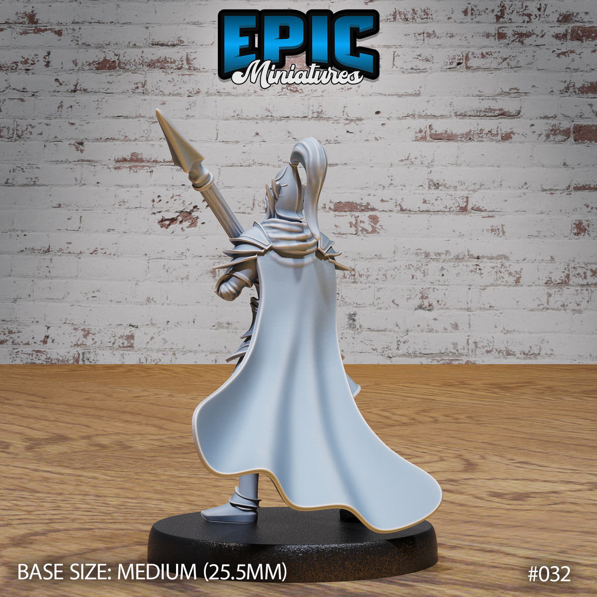 Female dark elf soldier seen from behind, long spear raised at an upward angle, dominated by a sweeping floor-length cloak with crisp flowing folds. Layered armour plates and spiked pauldrons visible at the shoulders. Sculpt by Epic Miniatures.