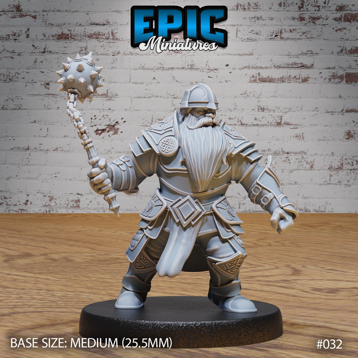 Stocky dwarf warrior in layered plate armour with Celtic knotwork pauldrons, raising a spiked morningstar behind his shoulder, wearing a nasal helm and long beard. Sculpt by Epic Miniatures.