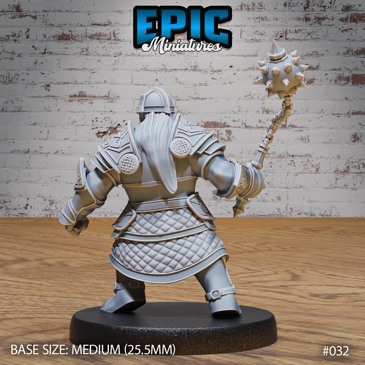 Dwarf warrior viewed from behind, showing quilted armour skirt, knotwork roundels on pauldrons, and a spiked morningstar raised aloft in one gauntleted fist. Sculpt by Epic Miniatures.