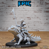 Armoured lizardfolk rider seated on a large spined iguana, holding a tall serrated spear upright. Rider wears angular plate armour and a crested helmet. Mount has detailed scales and a spiked tail. Sculpt by Epic Miniatures.