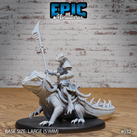 Armoured lizardfolk rider seated on a large spined iguana, holding a tall serrated spear upright. Rider wears angular plate armour and a crested helmet. Mount has detailed scales and a spiked tail. Sculpt by Epic Miniatures.
