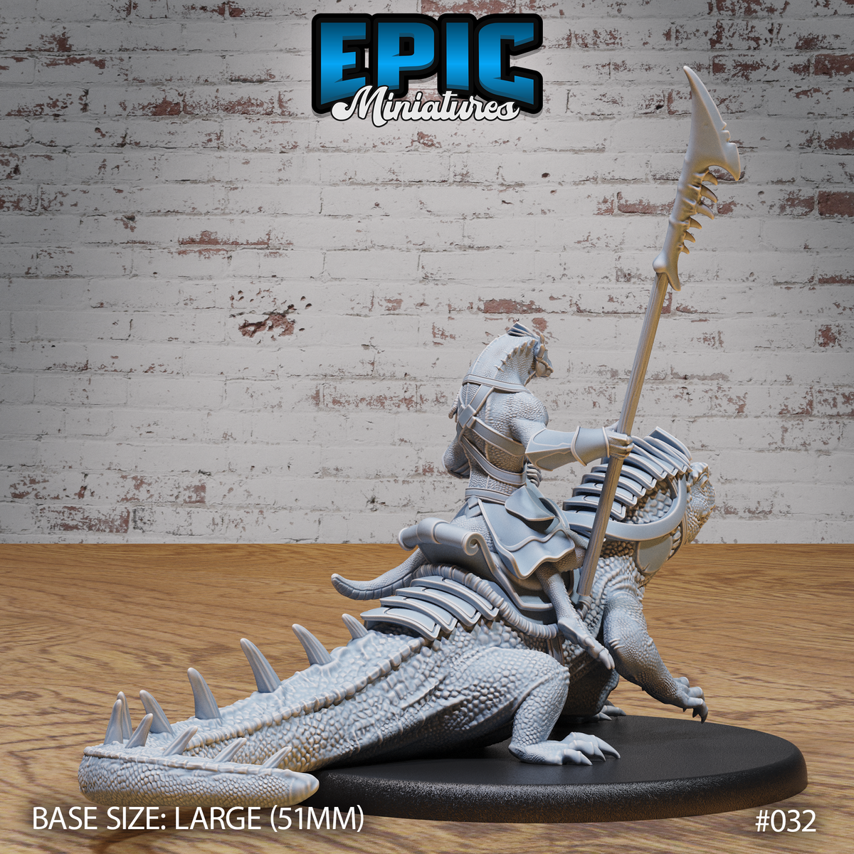 Lizardfolk warrior in segmented plate armour mounted on a giant iguana, viewed from behind and to the side. Serrated spear raised high, mount's spiked tail and clawed rear feet clearly visible. Sculpt by Epic Miniatures.