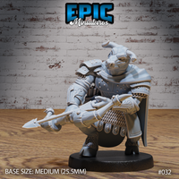 Armoured minotaur crouching and levelling a crossbow bolt, wearing studded leather over chainmail with ornate pauldrons and engraved bracers. Sculpt by Epic Miniatures.