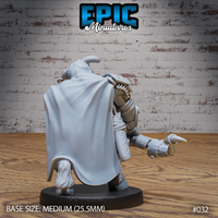 Minotaur archer seen from behind, showing a full billowing cloak, swept horn, shaggy fetlocks, and layered pauldron detail. Sculpt by Epic Miniatures.