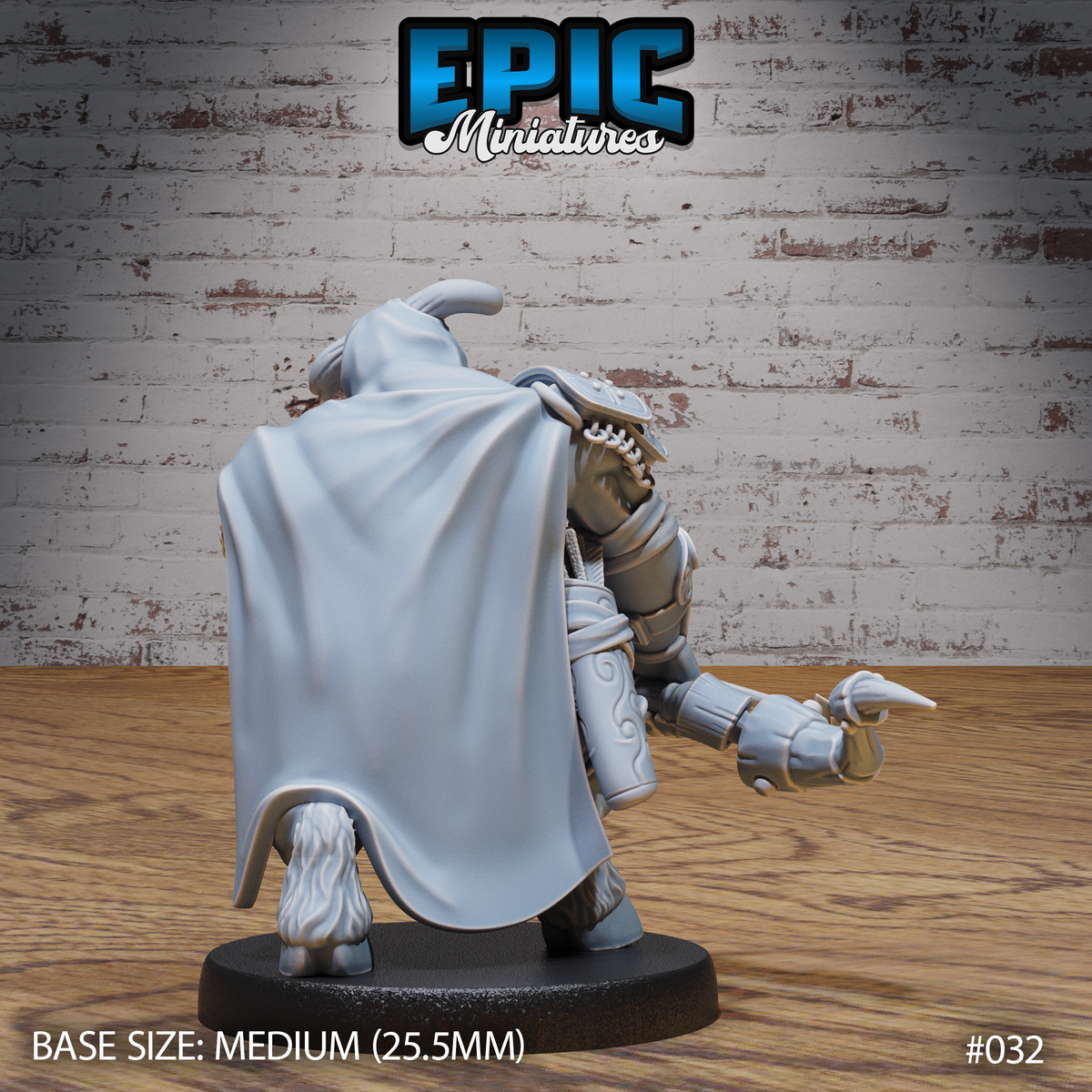 Minotaur archer seen from behind, showing a full billowing cloak, swept horn, shaggy fetlocks, and layered pauldron detail. Sculpt by Epic Miniatures.