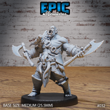 Muscular orc barbarian mid-bellow, arms spread wide, gripping a serrated axe in each hand. Skull trophy at his hip, leather straps across his bare chest. On a round black base. Sculpt by Epic Miniatures.