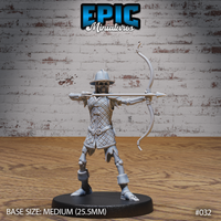 Skeleton archer in quilted armour and wide-brimmed infantry helmet, standing upright with a longbow drawn and arrow aimed forward, bony fingers at full draw. Sculpt by Epic Miniatures.