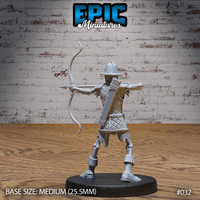 Skeleton archer seen from behind, quilted armour across the back, a filled arrow quiver visible over the shoulder, longbow extended and arrow nocked mid-draw. Sculpt by Epic Miniatures.