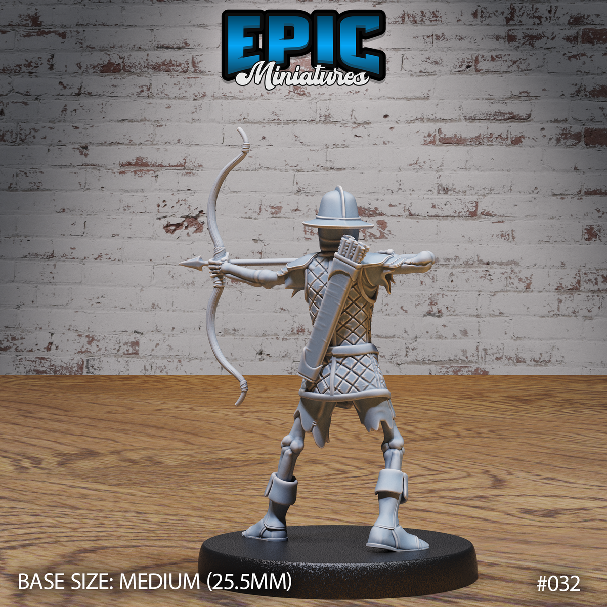 Skeleton archer seen from behind, quilted armour across the back, a filled arrow quiver visible over the shoulder, longbow extended and arrow nocked mid-draw. Sculpt by Epic Miniatures.