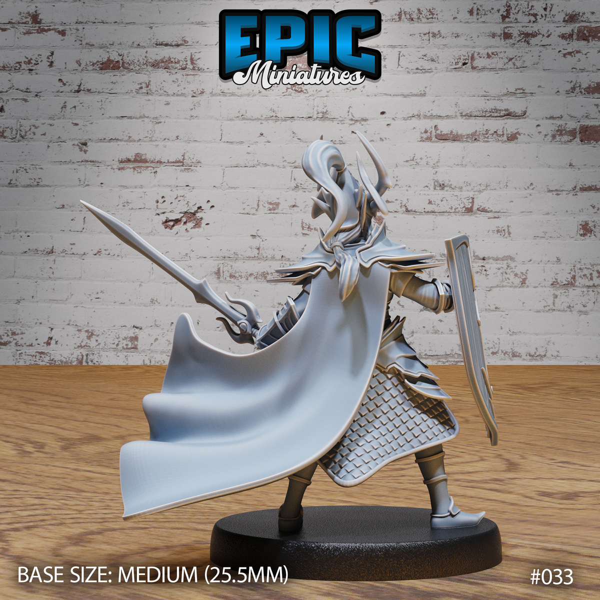 Dark elf paladin lunging forward, longsword thrust low and shield held at the hip, sweeping cape dominating the silhouette. Scale mail at the waist, articulated plate legs, horned helm. Sculpt by Epic Miniatures.