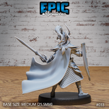 Dark elf paladin lunging forward, longsword thrust low and shield held at the hip, sweeping cape dominating the silhouette. Scale mail at the waist, articulated plate legs, horned helm. Sculpt by Epic Miniatures.