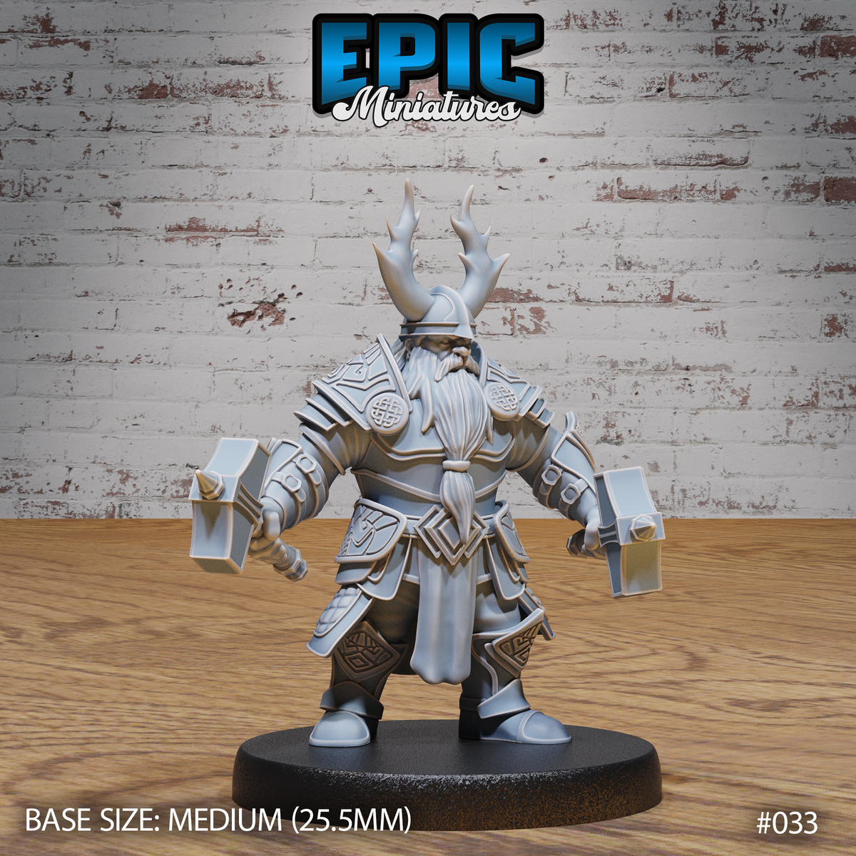 Stocky dwarf warrior standing with legs planted wide, holding a square-headed hammer in each hand, wearing heavily engraved plate armour with Celtic knotwork pauldrons and an antlered helm. Long braided white beard. Sculpt by Epic Miniatures.