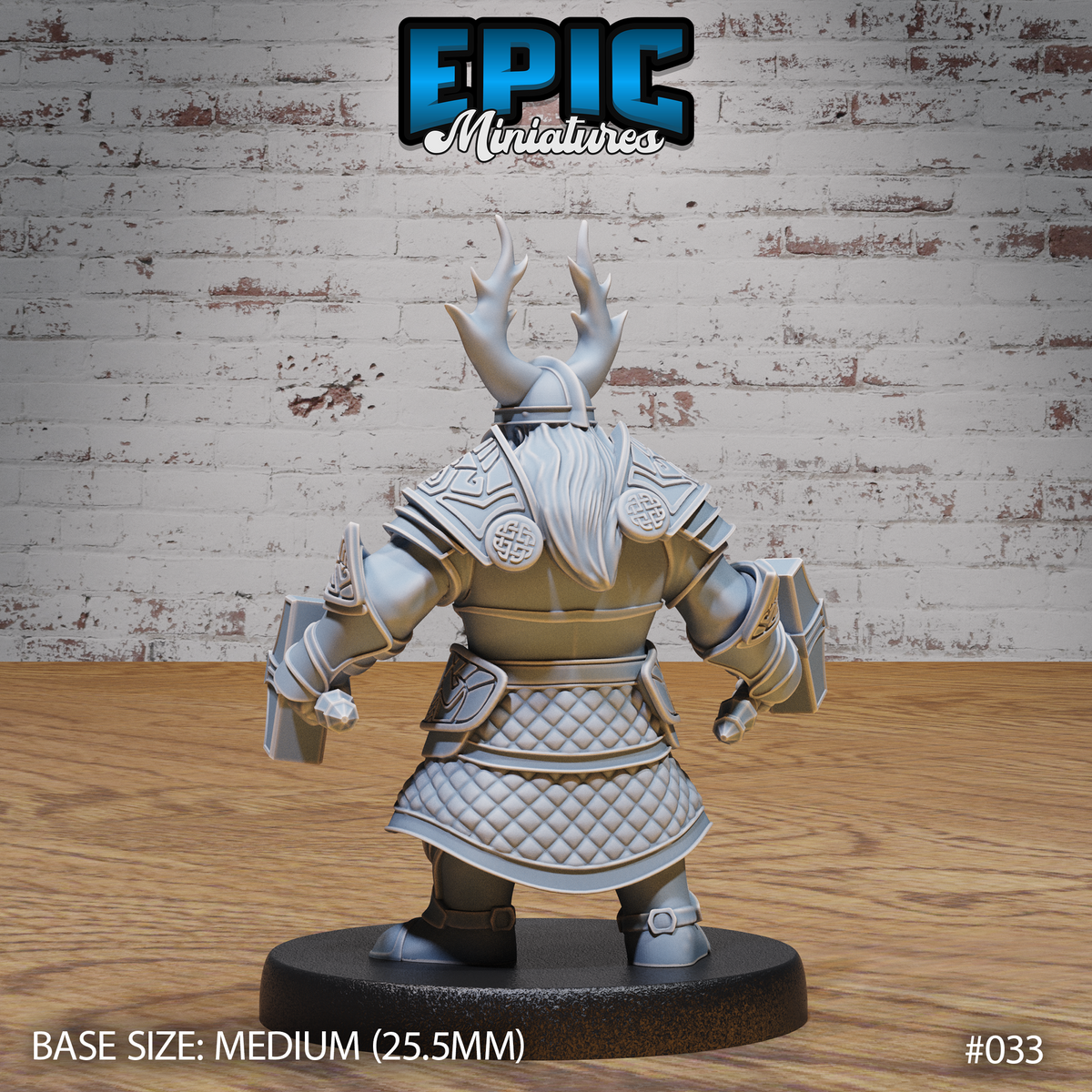 Dwarf warrior seen from behind, revealing quilted scale skirt panels beneath plate armour, Celtic knotwork on shoulder guards, antlered helmet rising from a horned nasal helm, and square hammer heads visible at each side. Sculpt by Epic Miniatures.