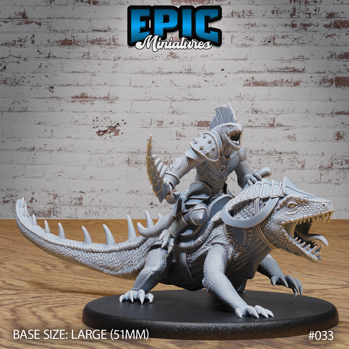Lizardfolk warrior in segmented armour, jaw open in a war-cry, riding a large spiked crocodilian with open jaws and banded bridle. Mounted on a 51mm oval base. Sculpt by Epic Miniatures.