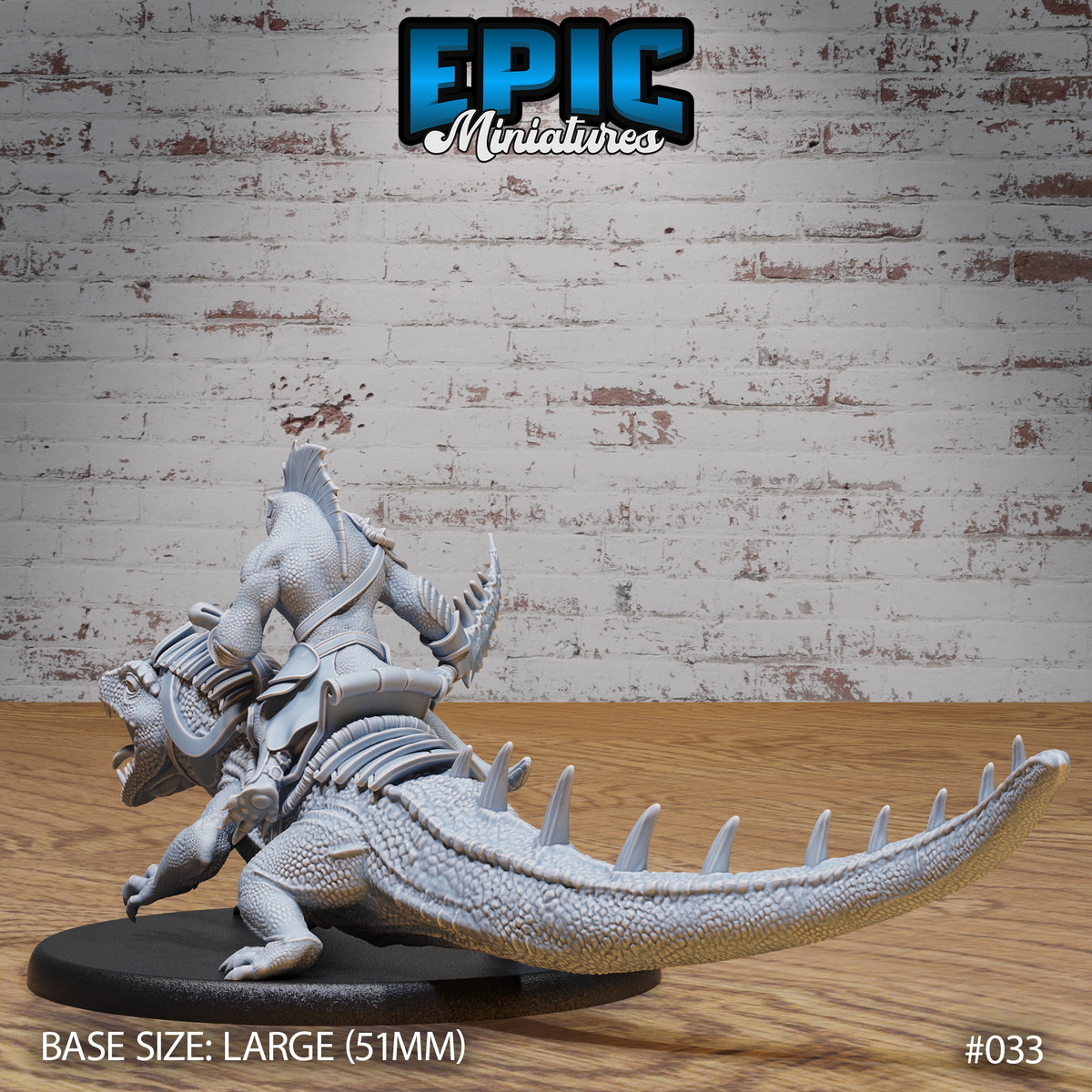 Lizardfolk rider wearing layered armour with a raised dorsal crest, gripping a curved horn, seated atop a heavily textured crocodilian with a long spike-ridged tail. Sculpt by Epic Miniatures.