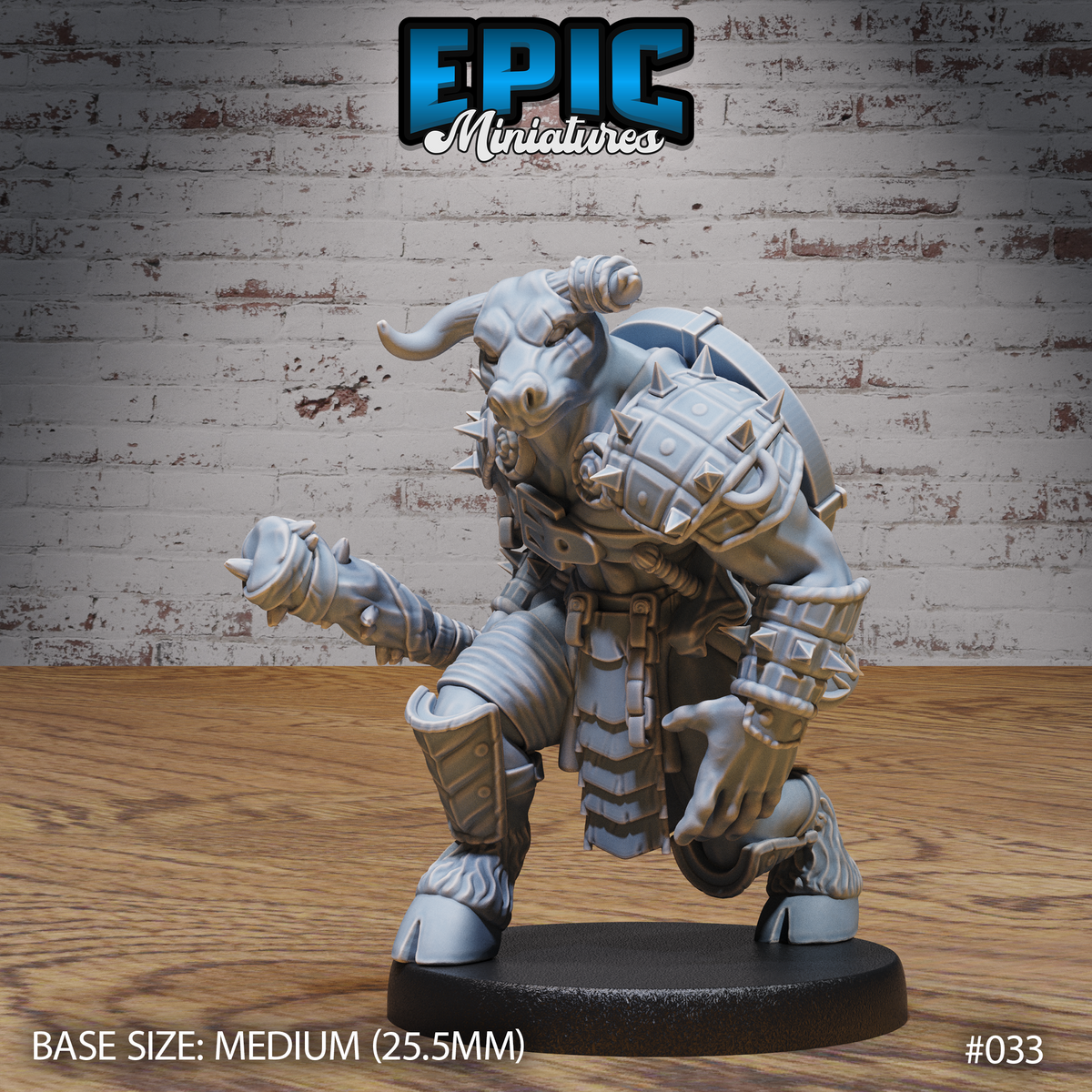 Armoured minotaur bandit lunging forward with spiked gauntlet raised, wearing a heavy studded pauldron, nose ring, and banded leather wrappings. Sculpt by Epic Miniatures.