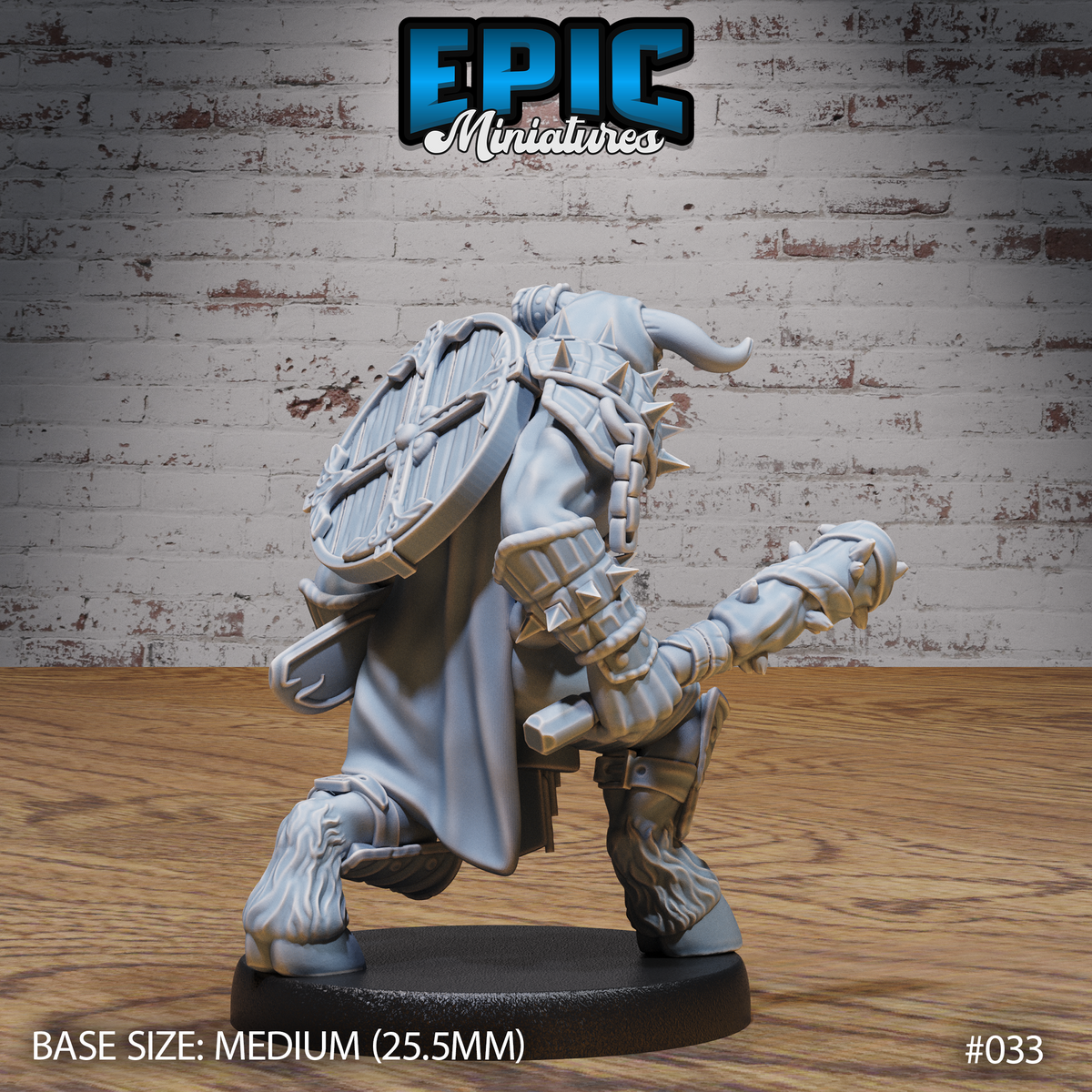 Minotaur bandit seen from behind, showing a large ridged shield strapped to its back, a flowing cloak, spiked armour detailing, and shaggy fur at the legs. Sculpt by Epic Miniatures.