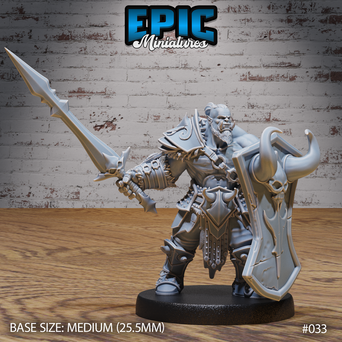 Muscular orc warrior gripping a longsword with a dragon-head pommel, bracing a large horned skull-emblazoned shield, wearing layered plate and chain armour with fur trim. Sculpt by Epic Miniatures.