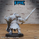 Orc warrior seen from behind with sword arm extended outward and upward, wearing a fur-draped back, tasselled leather skirt with ragged hem, and fur-bound greaves. Sculpt by Epic Miniatures.