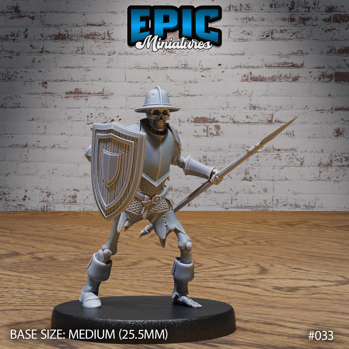 Armoured skeleton warrior in a combat stance, levelling a long spear forward and raising a broad heraldic shield. Wearing a kettle helmet, plate armour and chainmail skirt. Sculpt by Epic Miniatures.
