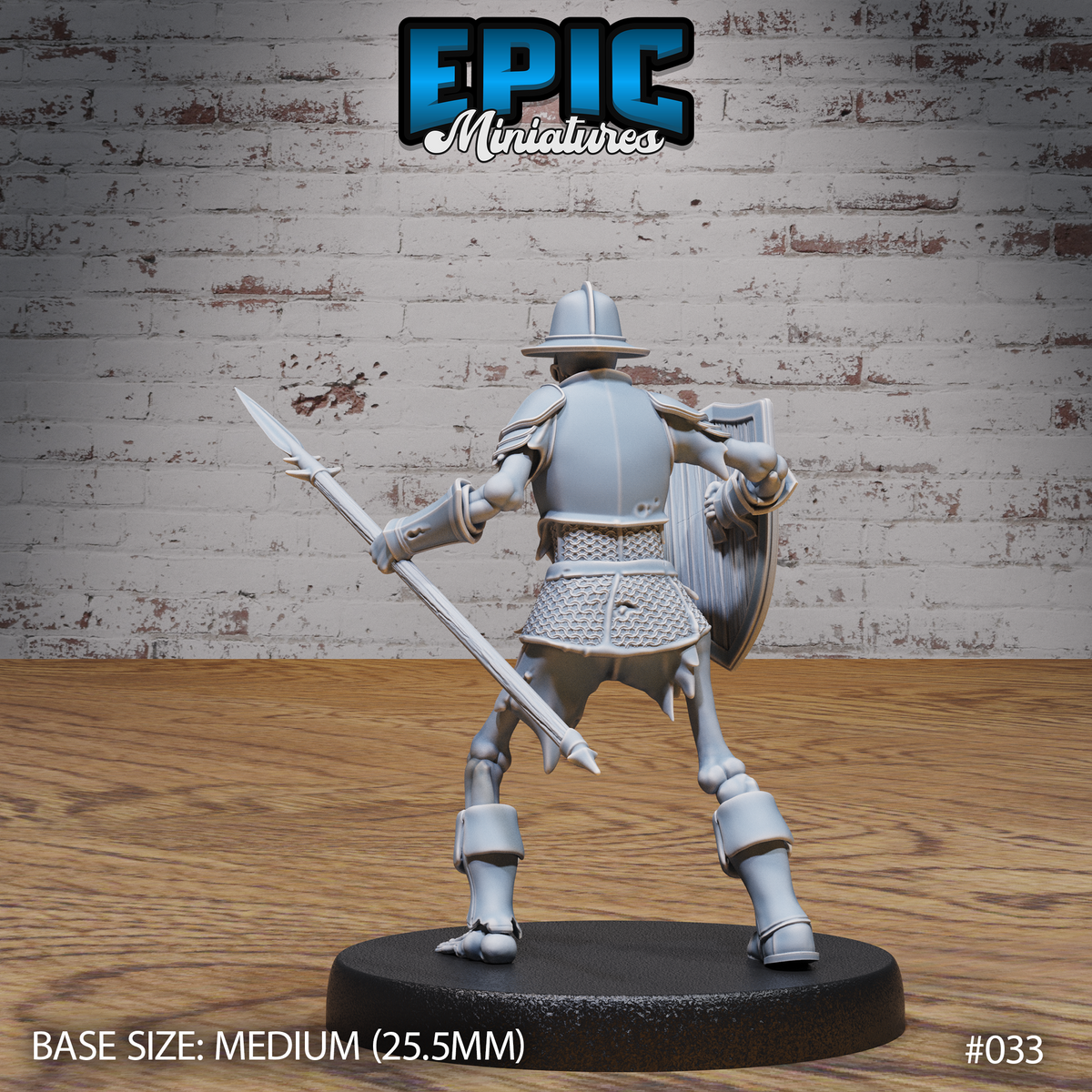 Armoured skeleton warrior seen from behind, spear angled low and heraldic shield tucked at the rear. Chainmail skirt and plate armour visible across the back. Sculpt by Epic Miniatures.