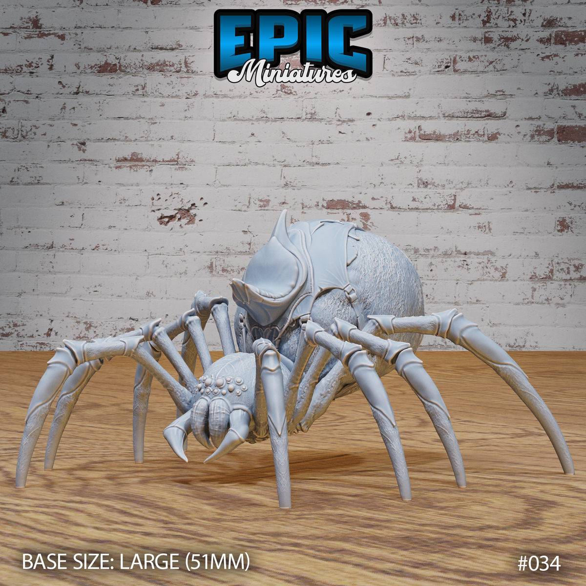 Giant spider sculpt facing forward with wide-spread legs, large hairy abdomen, pronounced brow ridge, multi-clustered eyes, and hooked chelicerae. Sculpt by Epic Miniatures.