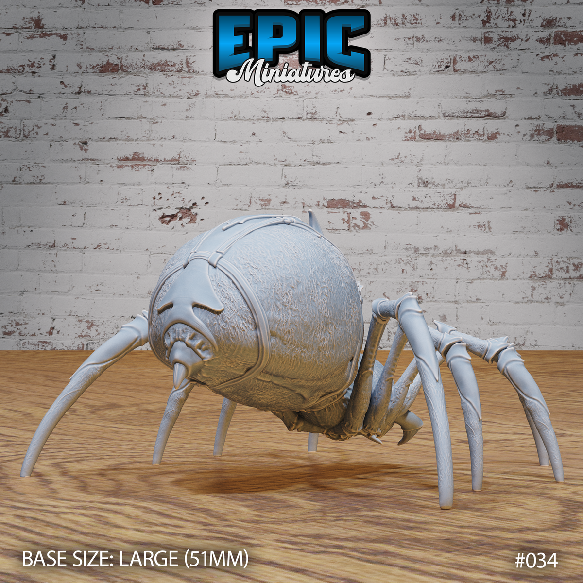 Giant spider sculpt showing the heavily textured, segmented abdomen and rear leg arrangement, with curved chelicerae visible beneath the cephalothorax. Sculpt by Epic Miniatures.