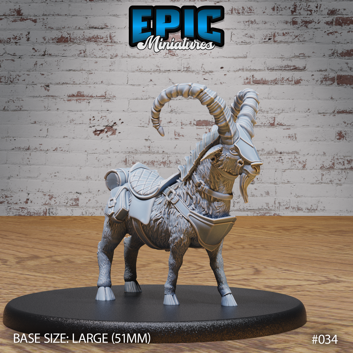 Armoured giant goat miniature with wide ibex-style horns, quilted saddle, chest barding, and bridle, standing four-square with head raised. Sculpt by Epic Miniatures.