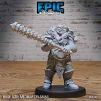 Barrel-chested orc warrior gripping a long studded mace across both shoulders, wearing layered fur and leather armour with a heavy belt. Bald head, thick beard, contemptuous expression. Sculpt by Epic Miniatures.