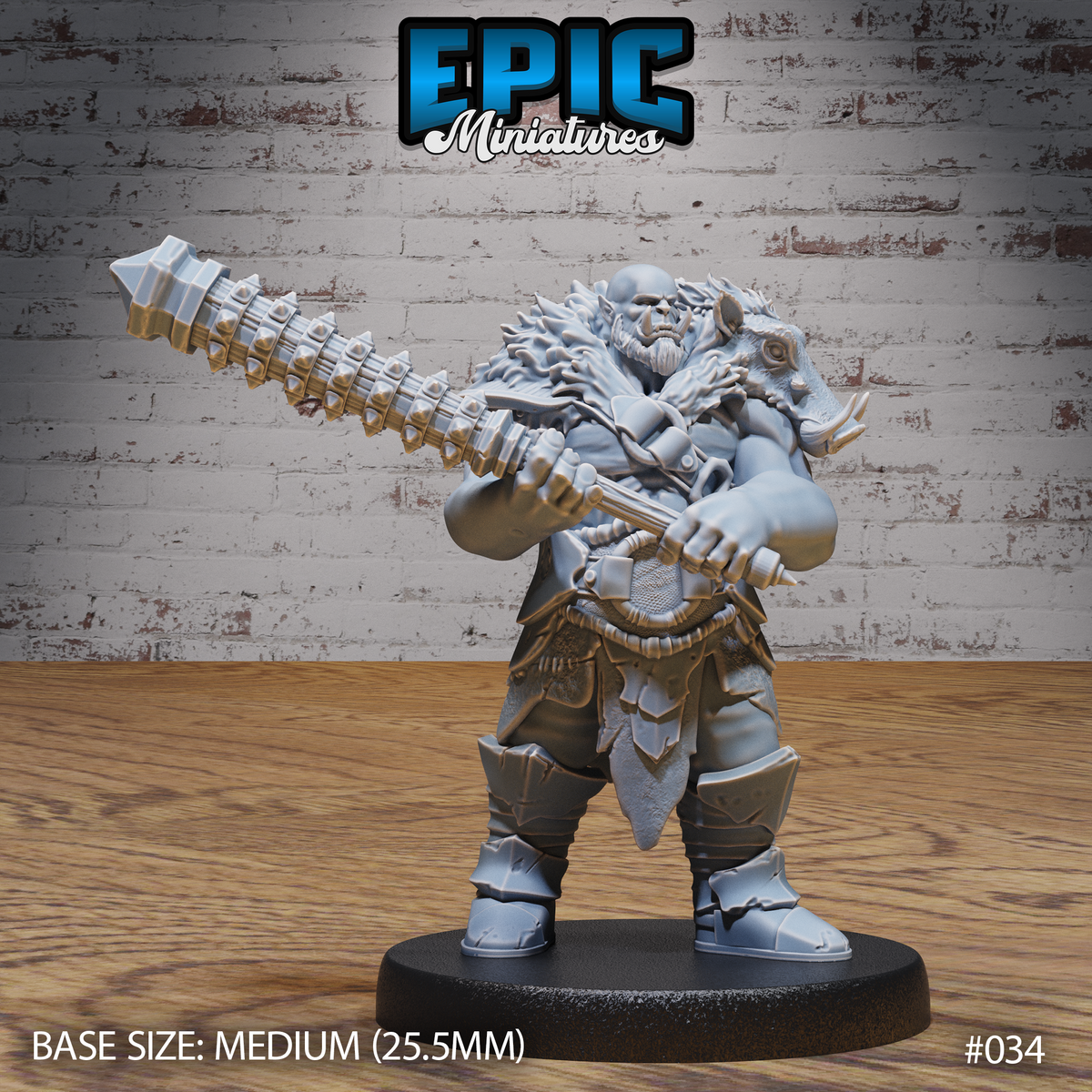 Barrel-chested orc warrior gripping a long studded mace across both shoulders, wearing layered fur and leather armour with a heavy belt. Bald head, thick beard, contemptuous expression. Sculpt by Epic Miniatures.