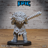 Orc warrior seen from behind, revealing a thick fur cloak cascading down his back with prominent spines along the shoulders, gripping a studded mace extended to the right. Heavy boots and layered armour. Sculpt by Epic Miniatures.