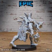 Lizardfolk fighter viewed from behind, spine crest splayed wide, ring-hung belt visible, cloth-bound arms raised mid-grapple, thick scaled tail curving low to the base. Sculpt by Epic Miniatures.